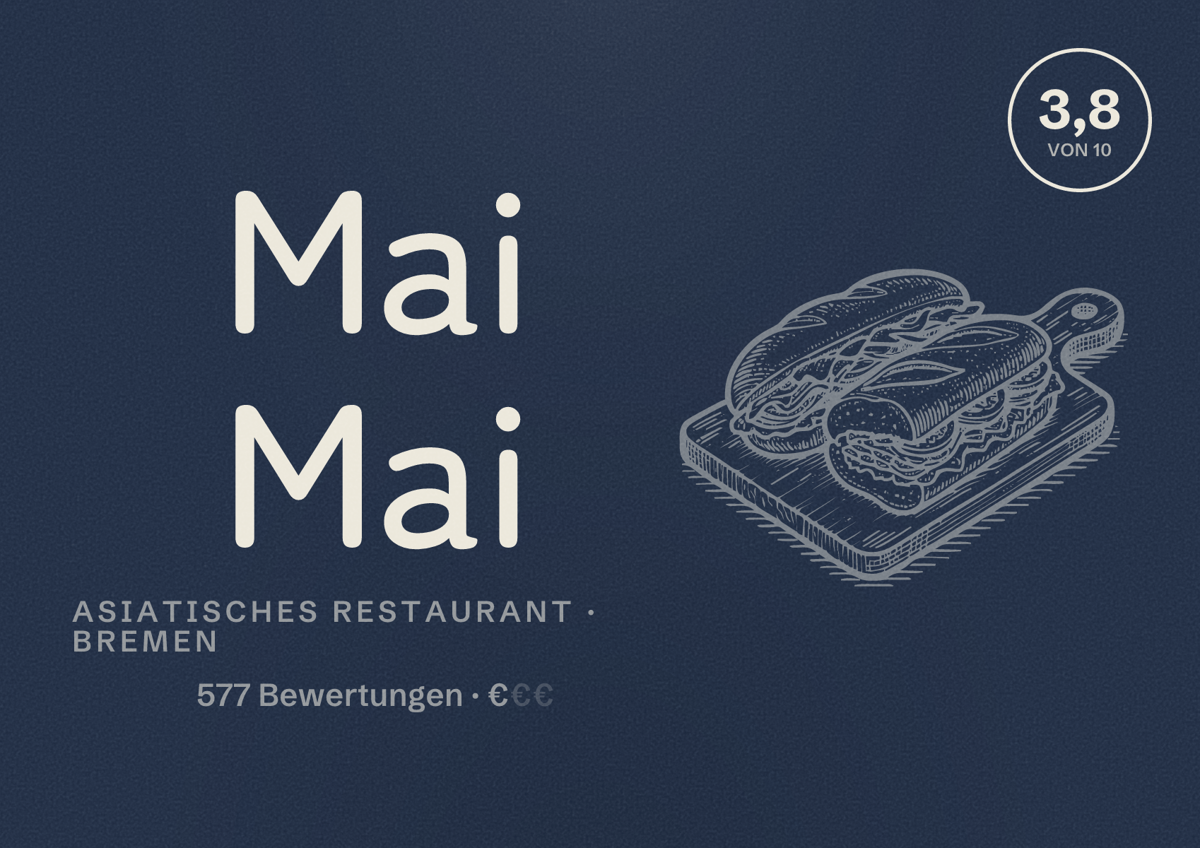 Illustriertes Poster von Mai Mai, Asiatisches Restaurant in Bremen: Bewertung 3,8 von 10 aus 577 Bewertungen, Preisniveau €
