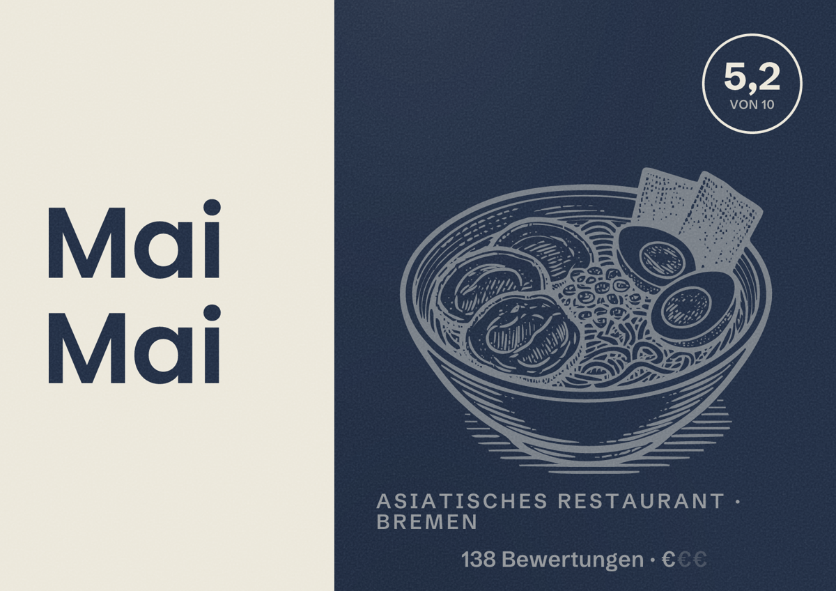 Illustriertes Poster von Mai Mai, Asiatisches Restaurant in Bremen: Bewertung 5,2 von 10 aus 138 Bewertungen, Preisniveau €