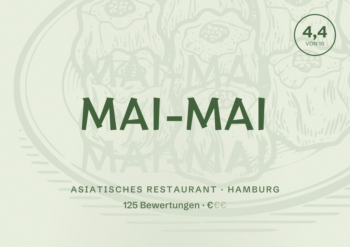 Illustriertes Poster von mai-mai, Asiatisches Restaurant in Hamburg: Bewertung 4,4 von 10 aus 125 Bewertungen, Preisniveau €