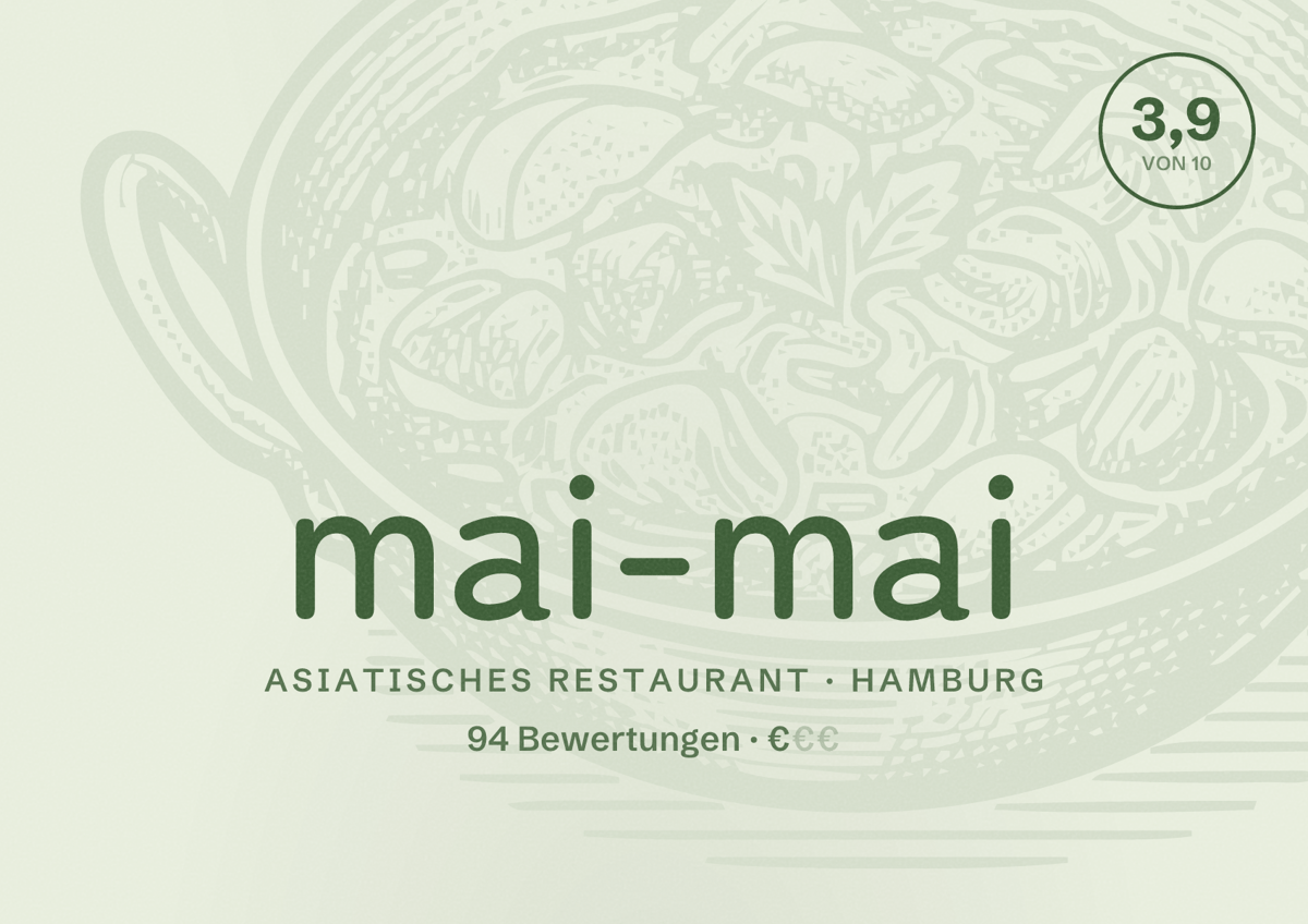 Illustriertes Poster von mai-mai, Asiatisches Restaurant in Hamburg: Bewertung 3,9 von 10 aus 94 Bewertungen, Preisniveau €