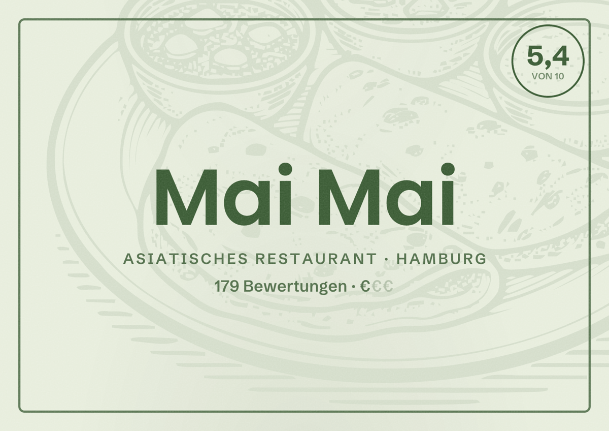 Illustriertes Poster von Mai Mai, Asiatisches Restaurant in Hamburg: Bewertung 5,4 von 10 aus 179 Bewertungen, Preisniveau €