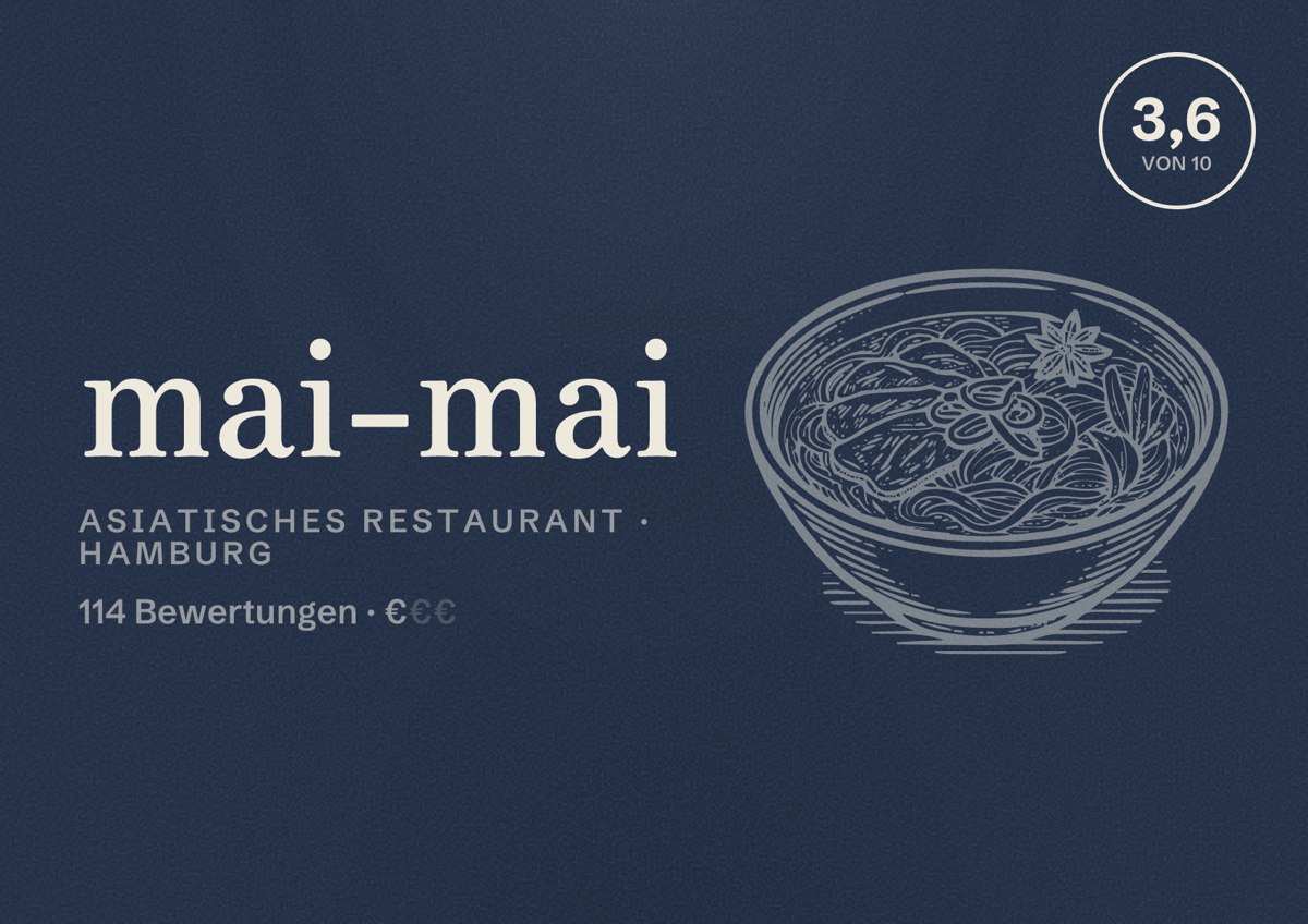 Illustriertes Poster von mai-mai, Asiatisches Restaurant in Hamburg: Bewertung 3,6 von 10 aus 114 Bewertungen, Preisniveau €