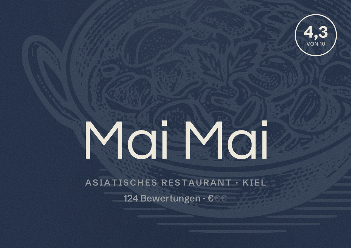 Illustriertes Poster von Mai Mai, Asiatisches Restaurant in Kiel: Bewertung 4,3 von 10 aus 124 Bewertungen, Preisniveau €