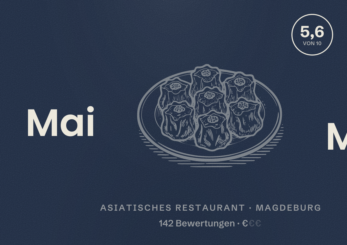 Illustriertes Poster von Mai Mai, Asiatisches Restaurant in Magdeburg: Bewertung 5,6 von 10 aus 142 Bewertungen, Preisniveau €