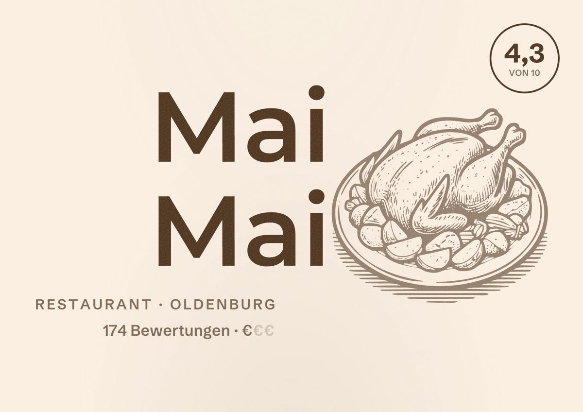 Illustriertes Poster von Mai Mai, Restaurant in Oldenburg: Bewertung 4,3 von 10 aus 174 Bewertungen, Preisniveau €