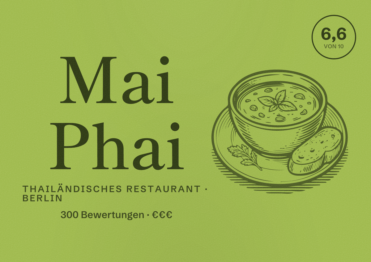 Illustriertes Poster von Mai Phai, Thailändisches Restaurant in Berlin: Bewertung 6,6 von 10 aus 300 Bewertungen, Preisniveau €€€