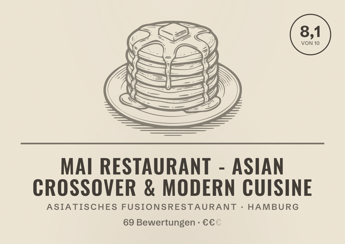 Illustriertes Poster von Mai Restaurant - Asian Crossover & Modern Cuisine, Asiatisches Fusionsrestaurant in Hamburg: Bewertung 8,1 von 10 aus 69 Bewertungen, Preisniveau €€