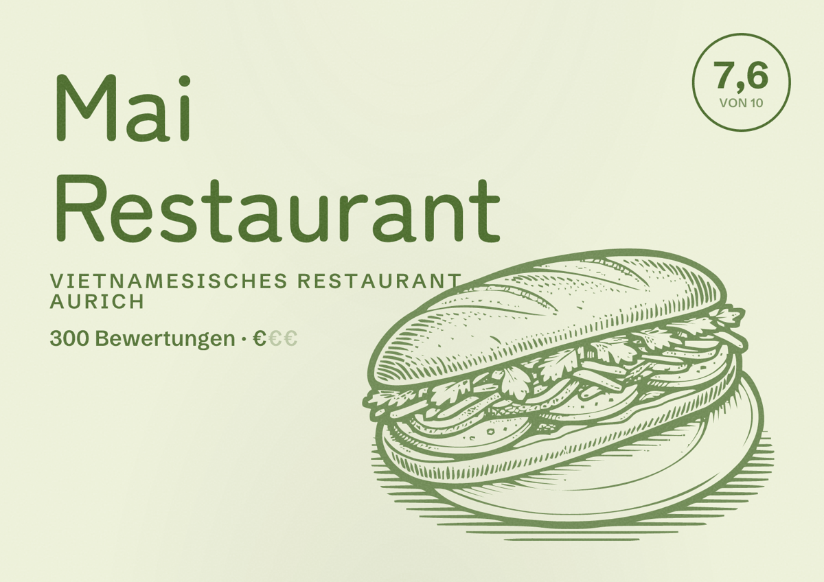 Illustriertes Poster von Mai Restaurant, Vietnamesisches Restaurant in Aurich: Bewertung 7,6 von 10 aus 300 Bewertungen, Preisniveau €