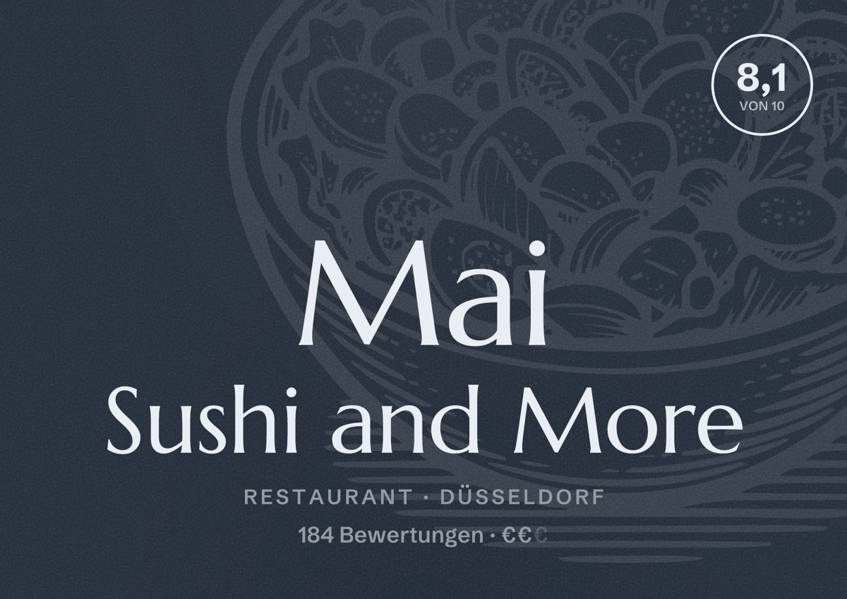 Illustriertes Poster von Mai Sushi and More, Restaurant in Düsseldorf: Bewertung 8,1 von 10 aus 184 Bewertungen, Preisniveau €€