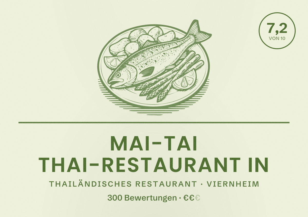 Illustriertes Poster von Mai-Tai Thai-Restaurant In, Thailändisches Restaurant in Viernheim: Bewertung 7,2 von 10 aus 300 Bewertungen, Preisniveau €€