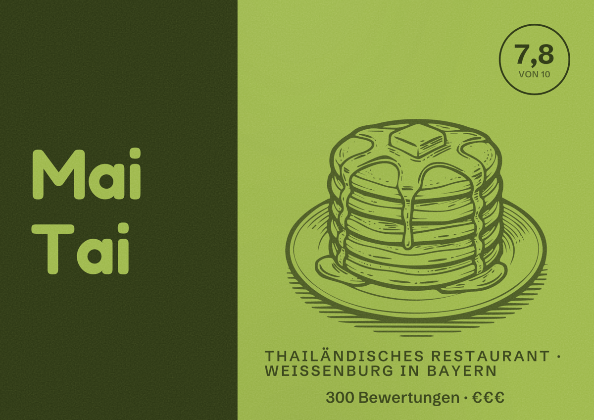 Illustriertes Poster von Mai Tai, Thailändisches Restaurant in Weißenburg in Bayern: Bewertung 7,8 von 10 aus 300 Bewertungen, Preisniveau €€€