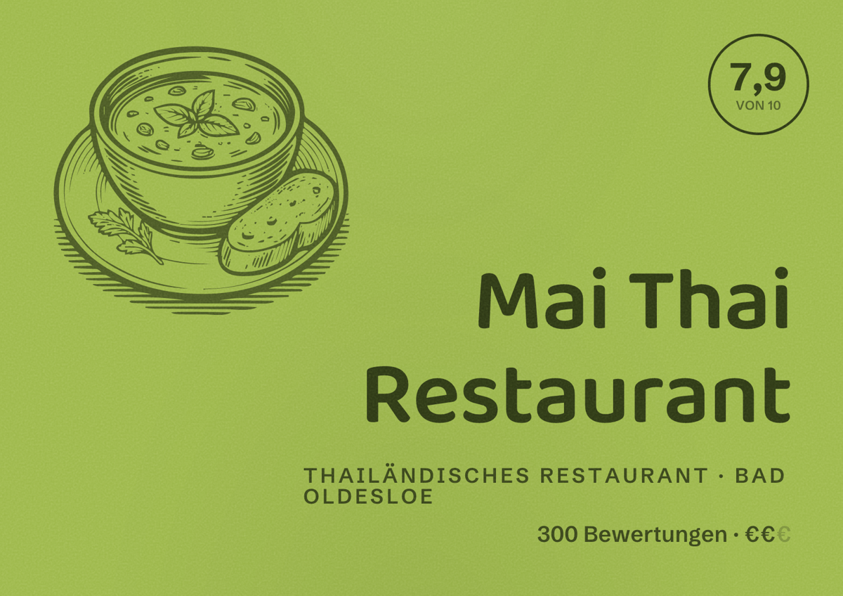 Illustriertes Poster von Mai Thai Restaurant, Thailändisches Restaurant in Bad Oldesloe: Bewertung 7,9 von 10 aus 300 Bewertungen, Preisniveau €€