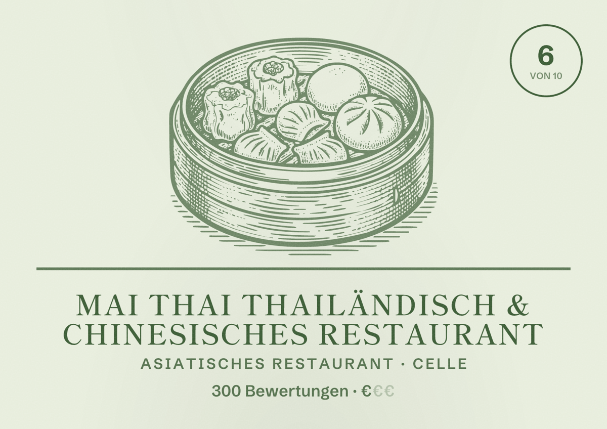 Illustriertes Poster von Mai Thai Thailändisch & Chinesisches Restaurant, Asiatisches Restaurant in Celle: Bewertung 6 von 10 aus 300 Bewertungen, Preisniveau €