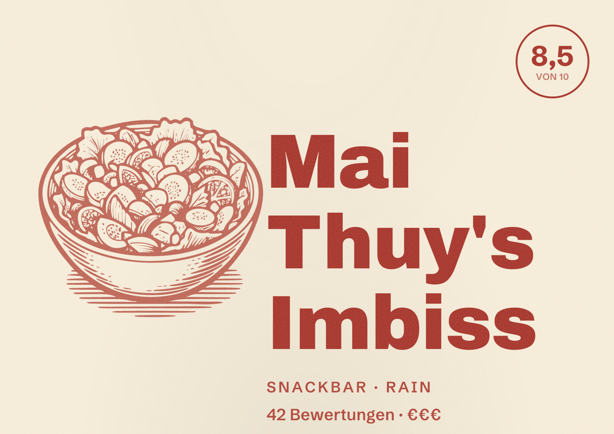 Illustriertes Poster von Mai Thuy's Imbiss, Snackbar in Rain: Bewertung 8,5 von 10 aus 42 Bewertungen, Preisniveau €€€