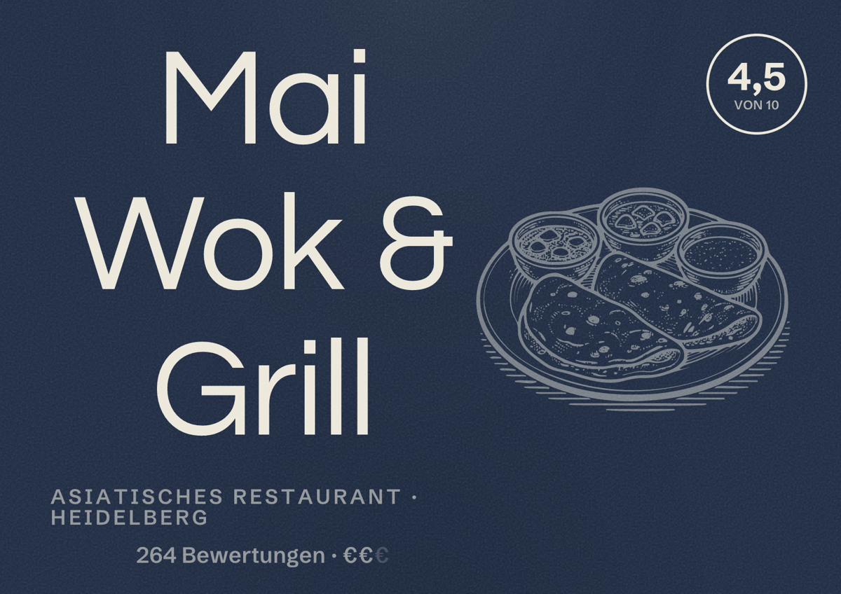 Illustriertes Poster von Mai Wok & Grill, Asiatisches Restaurant in Heidelberg: Bewertung 4,5 von 10 aus 264 Bewertungen, Preisniveau €€
