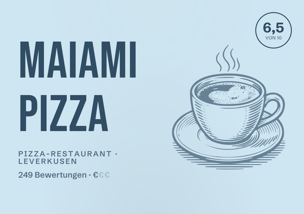 Illustriertes Poster von Maiami Pizza, Pizza-Restaurant in Leverkusen: Bewertung 6,5 von 10 aus 249 Bewertungen, Preisniveau €