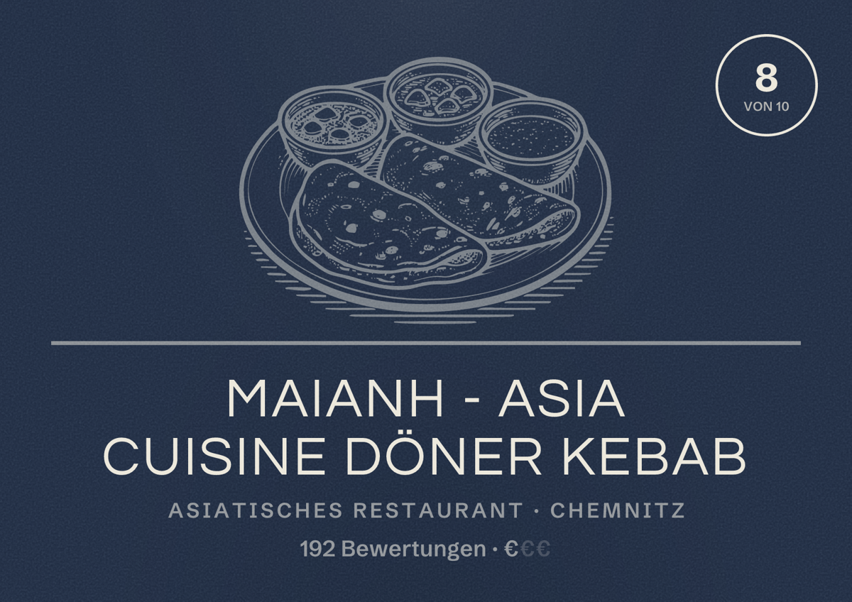 Illustriertes Poster von Maianh - Asia Cuisine Döner Kebab, Asiatisches Restaurant in Chemnitz: Bewertung 8 von 10 aus 192 Bewertungen, Preisniveau €