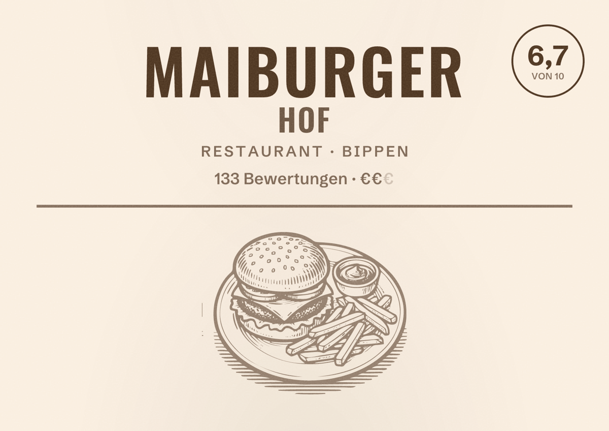 Illustriertes Poster von Maiburger Hof, Restaurant in Bippen: Bewertung 6,7 von 10 aus 133 Bewertungen, Preisniveau €€