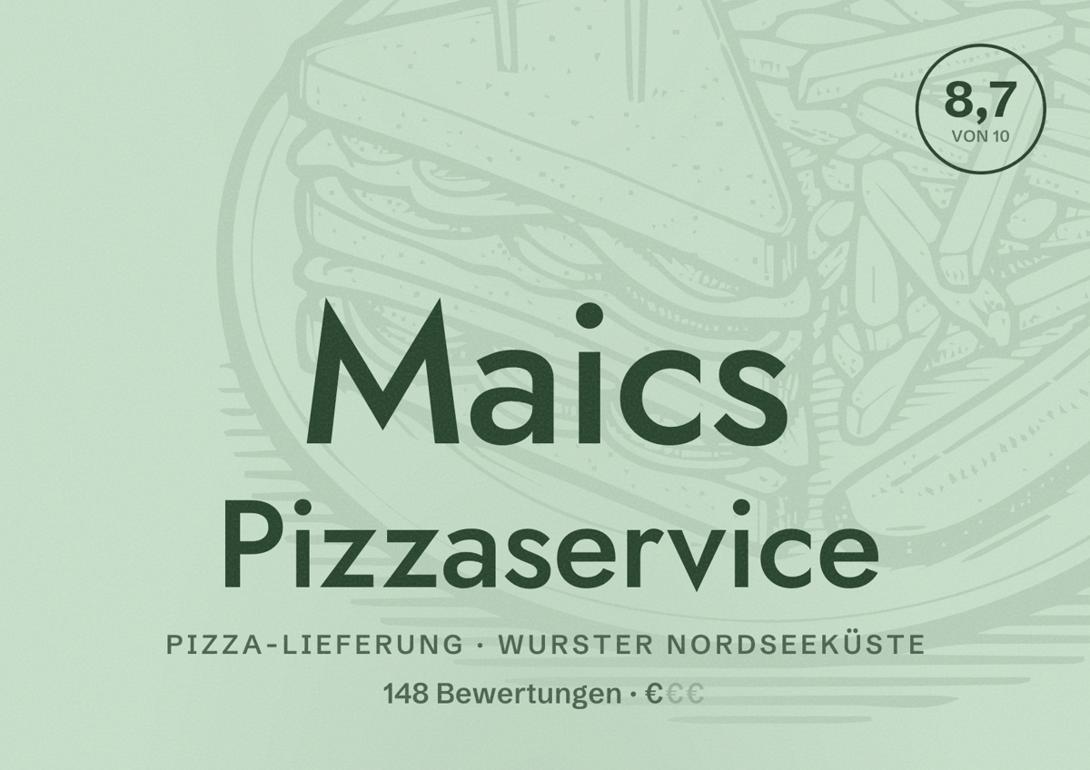 Illustriertes Poster von Maics Pizzaservice, Pizza-Lieferung in Wurster Nordseeküste: Bewertung 8,7 von 10 aus 148 Bewertungen, Preisniveau €