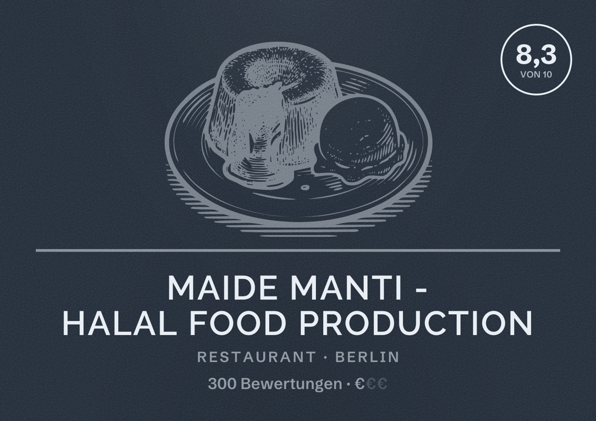 Illustriertes Poster von Maide Manti - Halal Food Production, Restaurant in Berlin: Bewertung 8,3 von 10 aus 300 Bewertungen, Preisniveau €