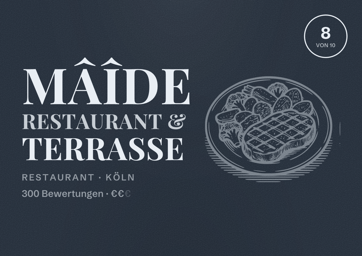 Illustriertes Poster von Mâîde Restaurant & Terrasse, Restaurant in Köln: Bewertung 8,0 von 10 aus 300 Bewertungen, Preisniveau €€
