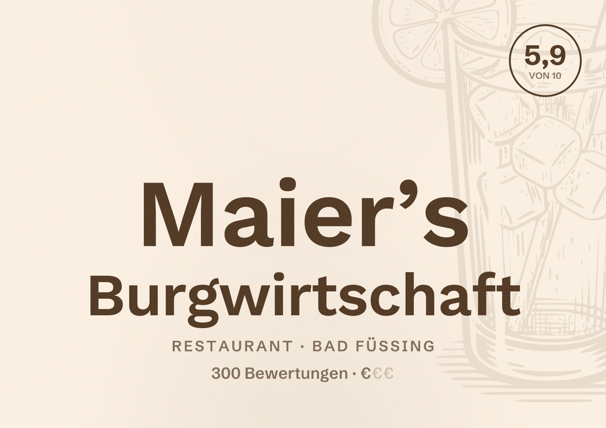 Illustriertes Poster von Maier’s Burgwirtschaft, Restaurant in Bad Füssing: Bewertung 5,9 von 10 aus 300 Bewertungen, Preisniveau €