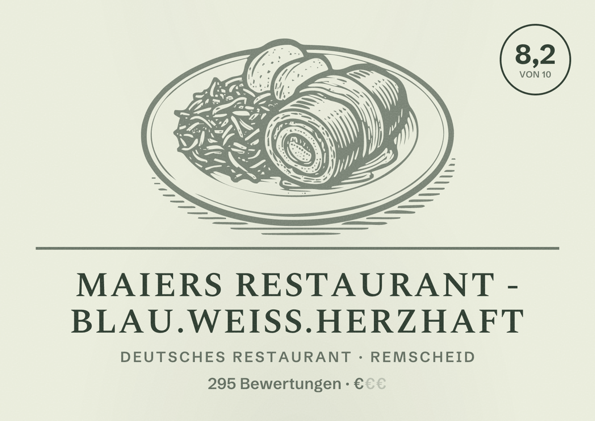 Illustriertes Poster von Maiers Restaurant - Blau.Weiß.Herzhaft, Deutsches Restaurant in Remscheid: Bewertung 8,2 von 10 aus 295 Bewertungen, Preisniveau €