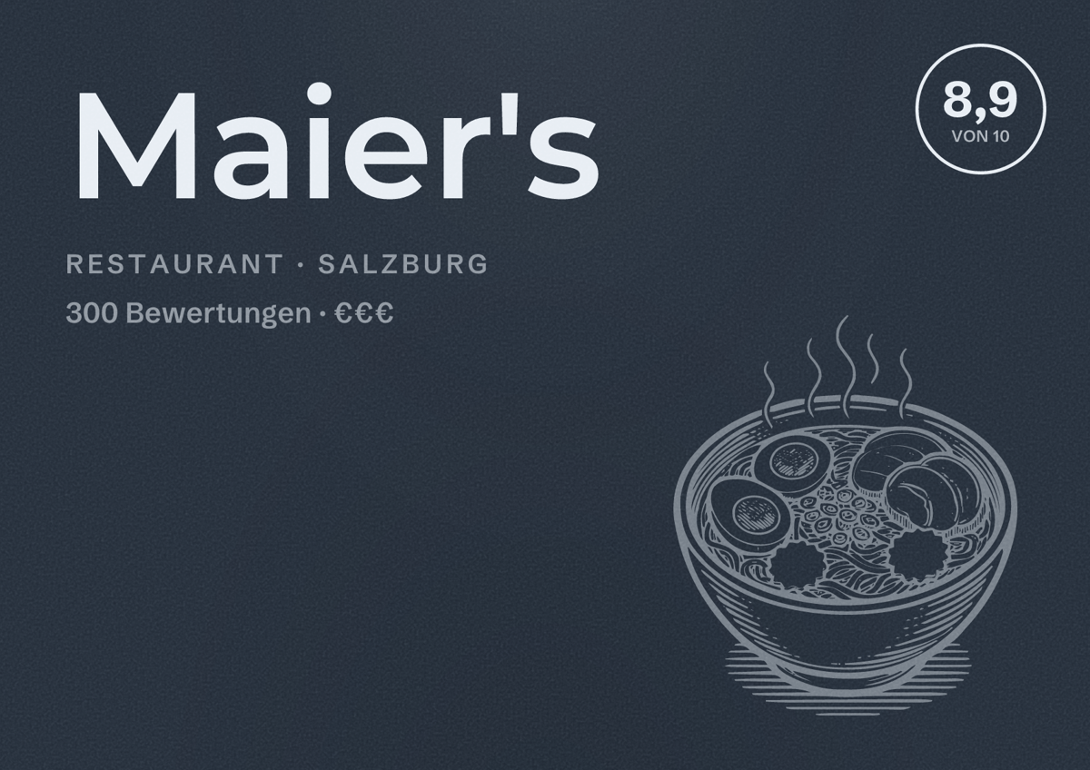 Illustriertes Poster von Maier's, Restaurant in Salzburg: Bewertung 8,9 von 10 aus 300 Bewertungen, Preisniveau €€€