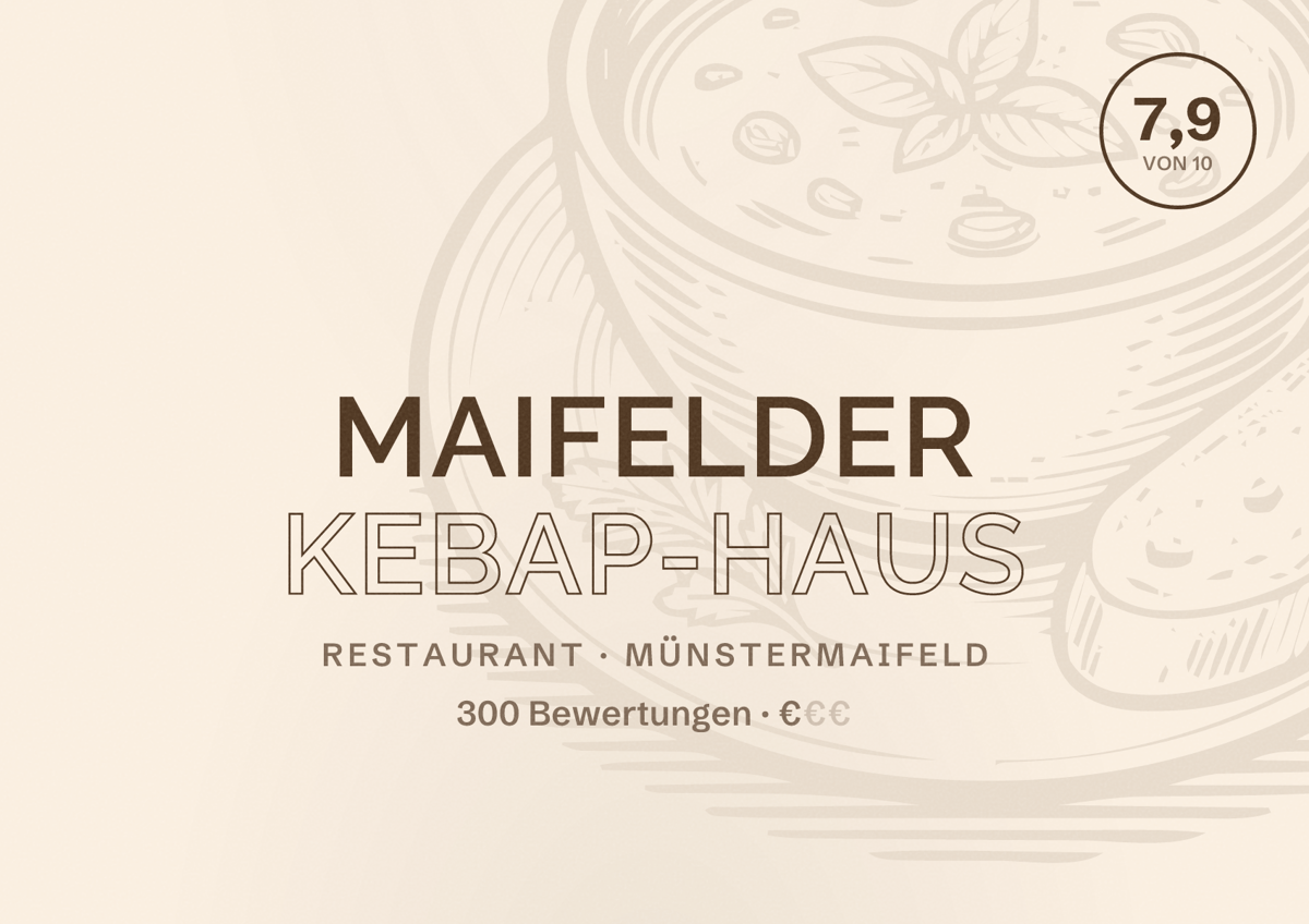 Illustriertes Poster von Maifelder Kebap-Haus, Restaurant in Münstermaifeld: Bewertung 7,9 von 10 aus 300 Bewertungen, Preisniveau €