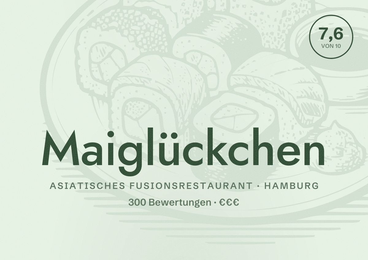 Illustriertes Poster von Maiglückchen, Asiatisches Fusionsrestaurant in Hamburg: Bewertung 7,6 von 10 aus 300 Bewertungen, Preisniveau €€€