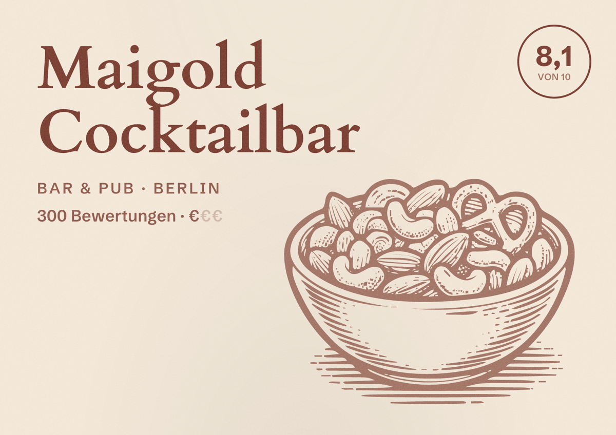 Illustriertes Poster von Maigold Cocktailbar, Bar & Pub in Berlin: Bewertung 8,1 von 10 aus 300 Bewertungen, Preisniveau €