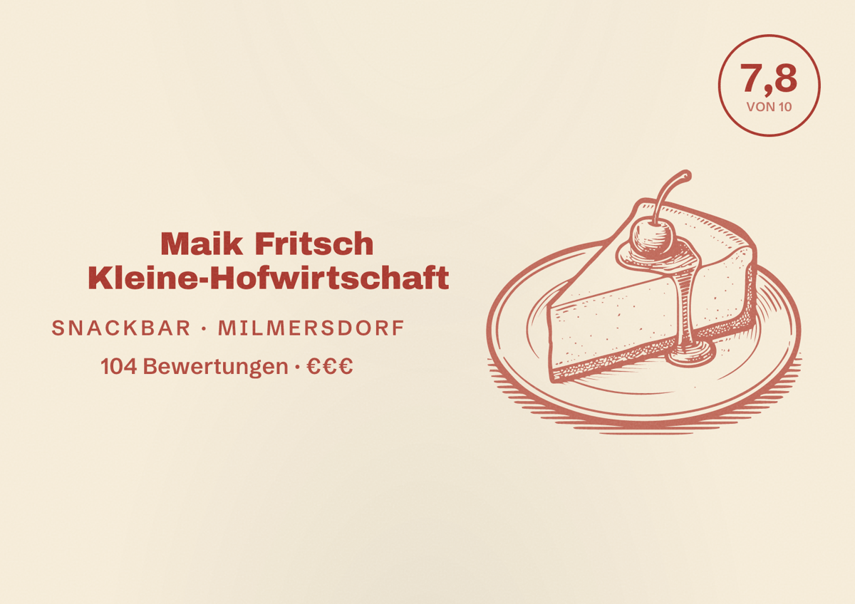Illustriertes Poster von Maik Fritsch Kleine-Hofwirtschaft, Snackbar in Milmersdorf: Bewertung 7,8 von 10 aus 104 Bewertungen, Preisniveau €€€