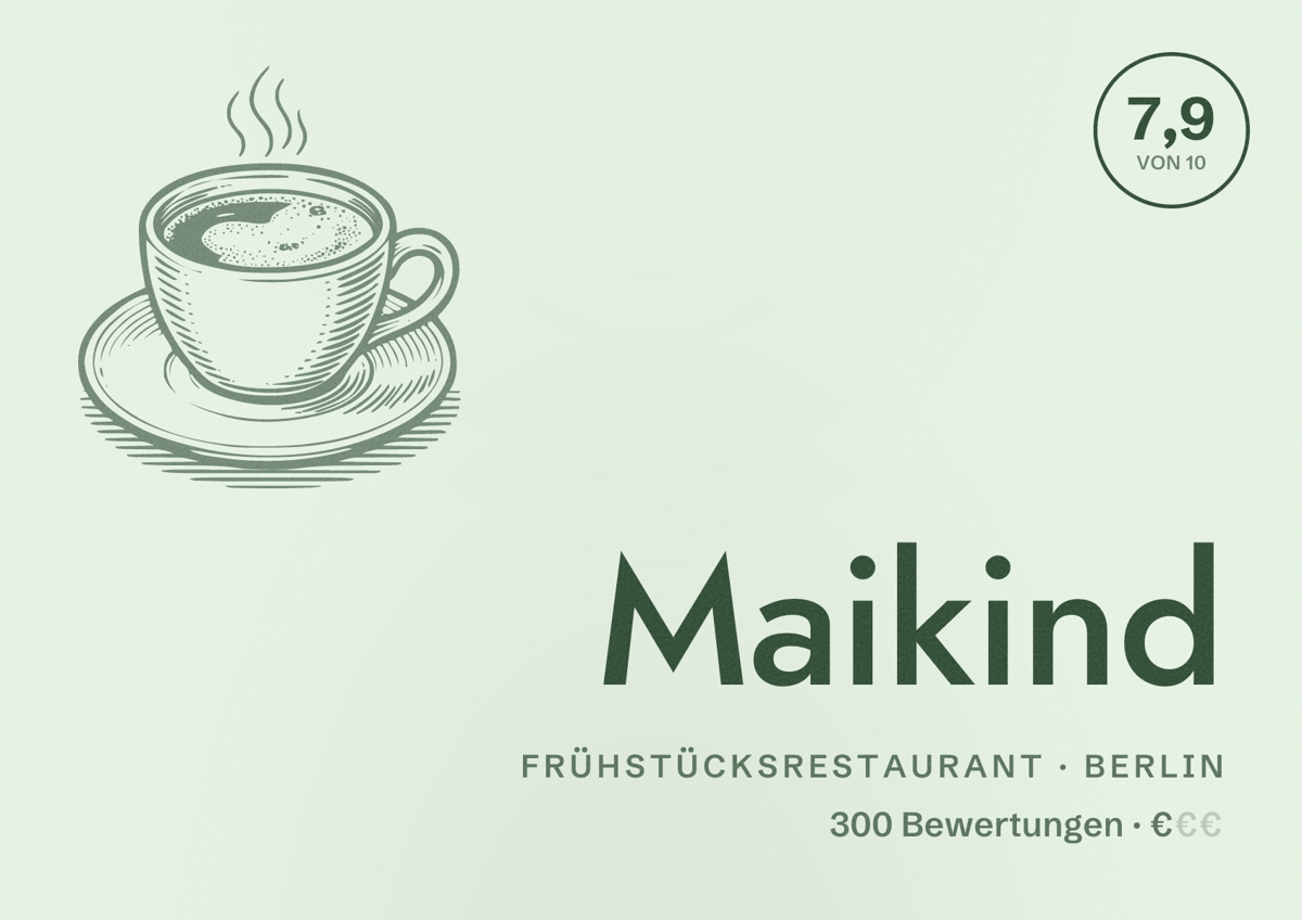 Illustriertes Poster von Maikind, Frühstücksrestaurant in Berlin: Bewertung 7,9 von 10 aus 300 Bewertungen, Preisniveau €