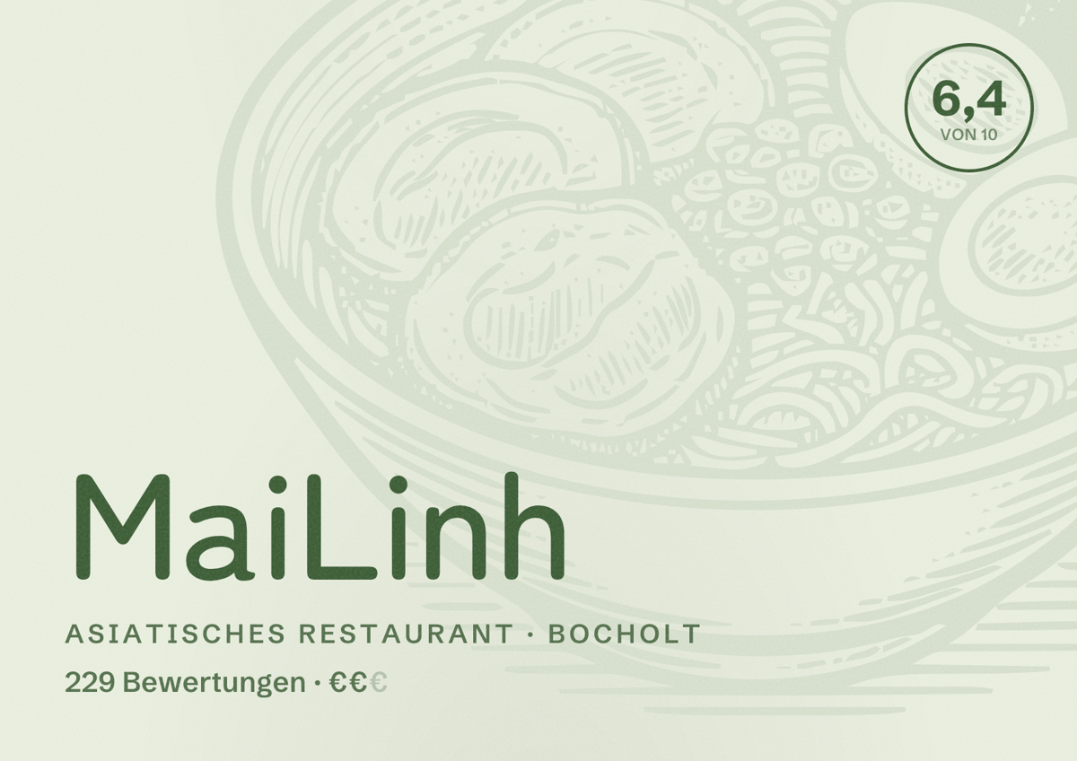 Illustriertes Poster von MaiLinh, Asiatisches Restaurant in Bocholt: Bewertung 6,4 von 10 aus 229 Bewertungen, Preisniveau €€