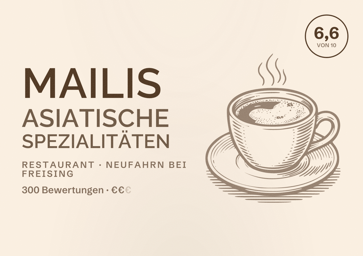 Illustriertes Poster von Mailis Asiatische Spezialitäten, Restaurant in Neufahrn bei Freising: Bewertung 6,6 von 10 aus 300 Bewertungen, Preisniveau €€