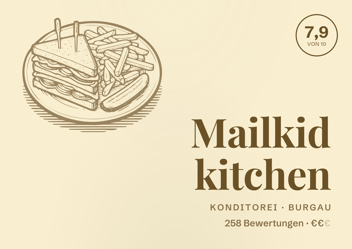 Illustriertes Poster von Mailkid kitchen, Konditorei in Burgau: Bewertung 7,9 von 10 aus 258 Bewertungen, Preisniveau €€