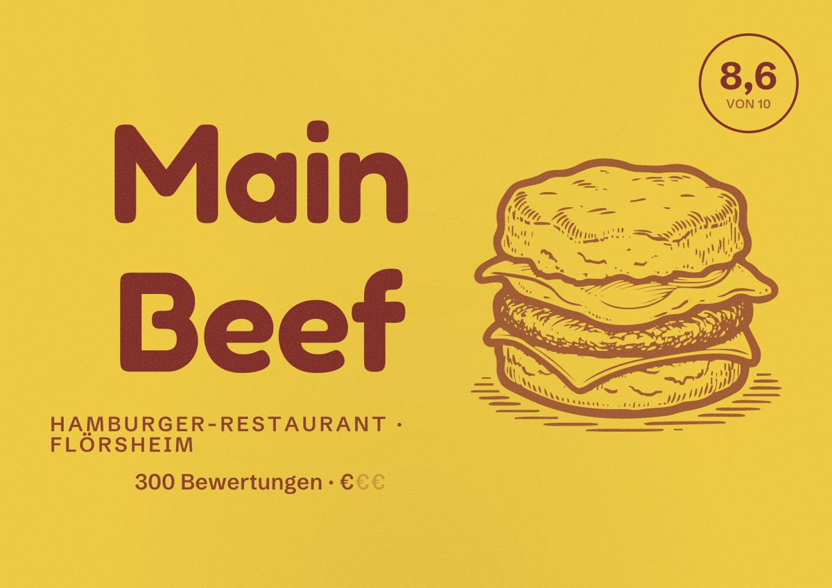 Illustriertes Poster von Main Beef, Hamburger-Restaurant in Flörsheim: Bewertung 8,6 von 10 aus 300 Bewertungen, Preisniveau €