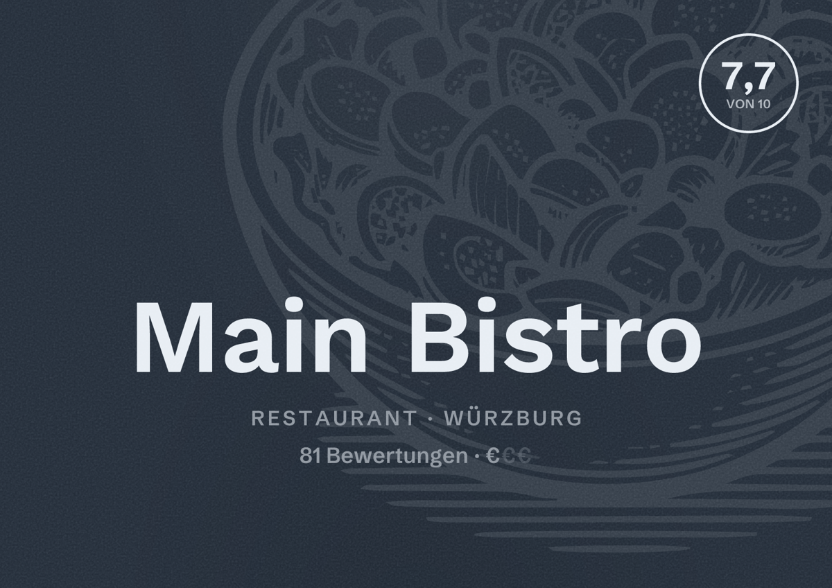 Illustriertes Poster von Main Bistro, Restaurant in Würzburg: Bewertung 7,7 von 10 aus 81 Bewertungen, Preisniveau €