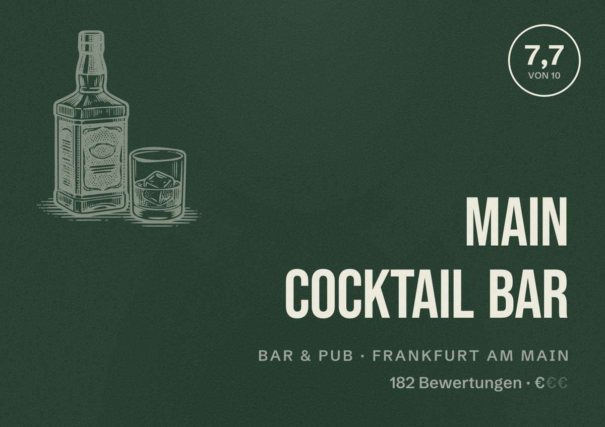 Illustriertes Poster von Main Cocktail Bar, Bar & Pub in Frankfurt am Main: Bewertung 7,7 von 10 aus 182 Bewertungen, Preisniveau €