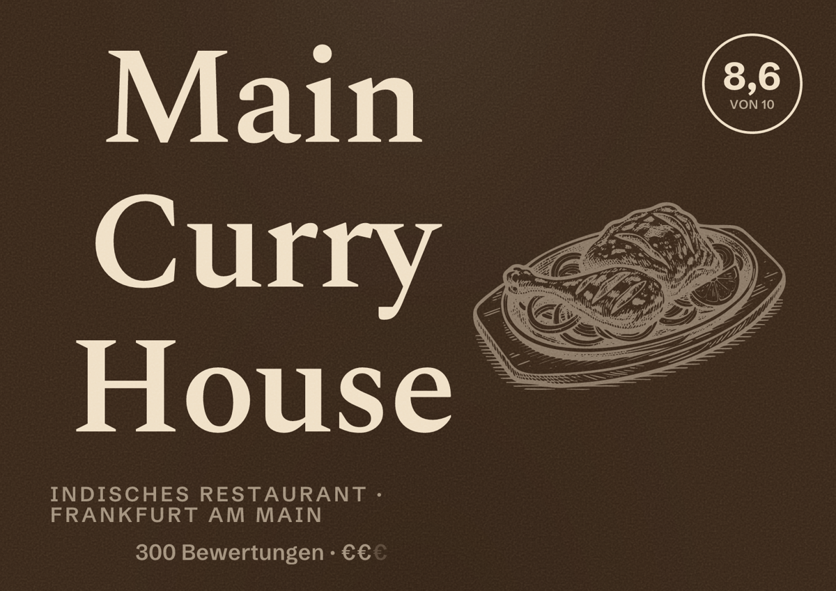 Illustriertes Poster von Main Curry House, Indisches Restaurant in Frankfurt am Main: Bewertung 8,6 von 10 aus 300 Bewertungen, Preisniveau €€