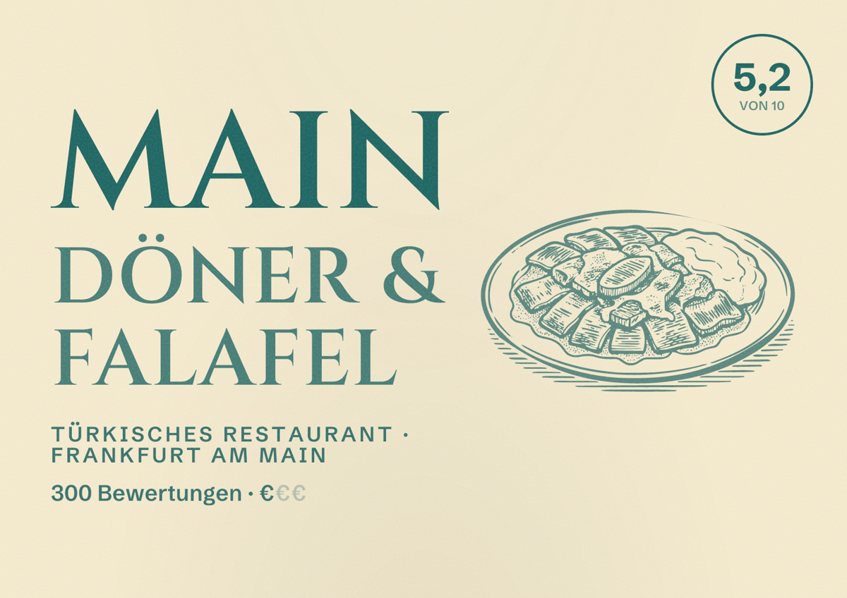 Illustriertes Poster von Main Döner & Falafel, Türkisches Restaurant in Frankfurt am Main: Bewertung 5,2 von 10 aus 300 Bewertungen, Preisniveau €