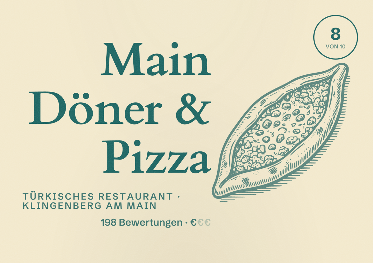 Illustriertes Poster von Main Döner & Pizza, Türkisches Restaurant in Klingenberg am Main: Bewertung 8 von 10 aus 198 Bewertungen, Preisniveau €