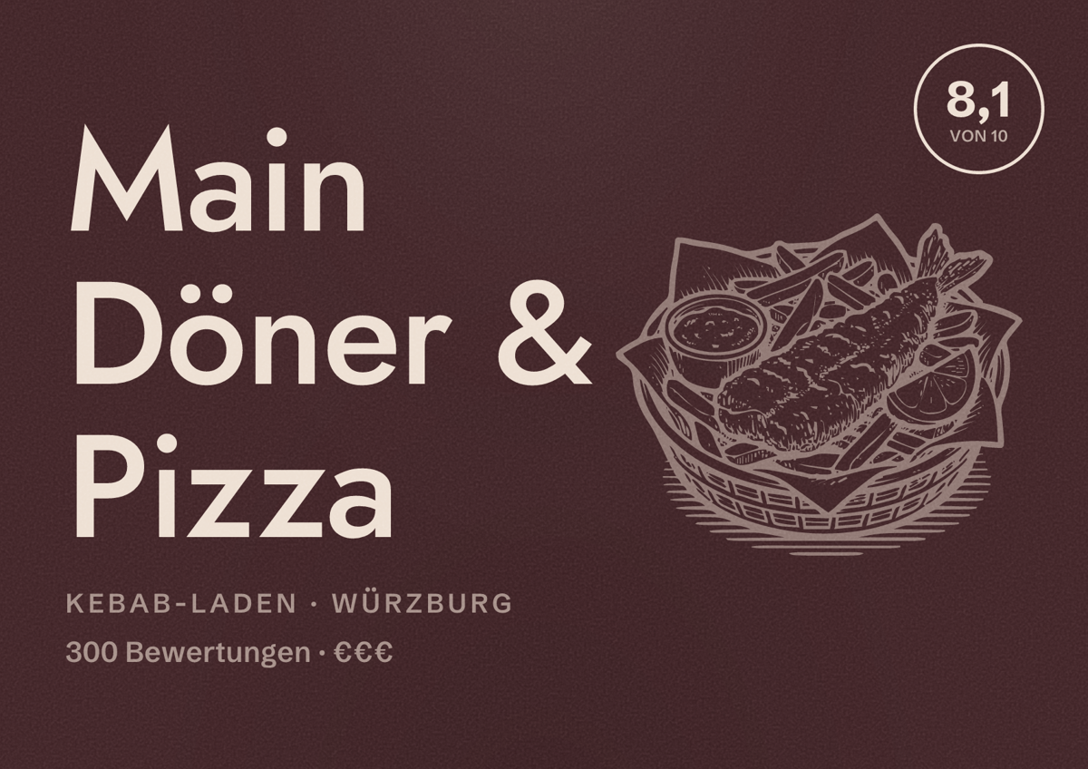 Illustriertes Poster von Main Döner & Pizza, Kebab-Laden in Würzburg: Bewertung 8,1 von 10 aus 300 Bewertungen, Preisniveau €€€