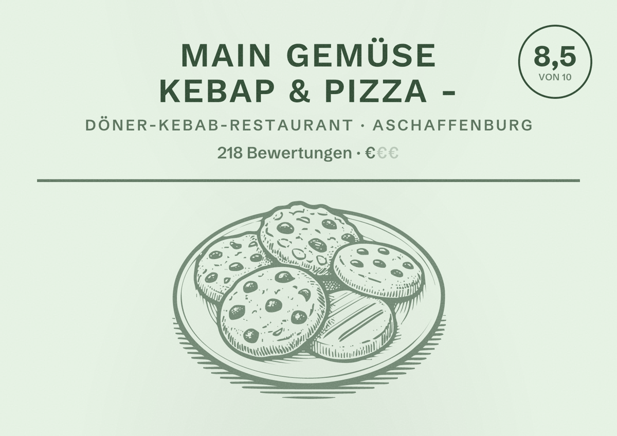 Illustriertes Poster von Main Gemüse Kebap & Pizza -, Döner-Kebab-Restaurant in Aschaffenburg: Bewertung 8,5 von 10 aus 218 Bewertungen, Preisniveau €