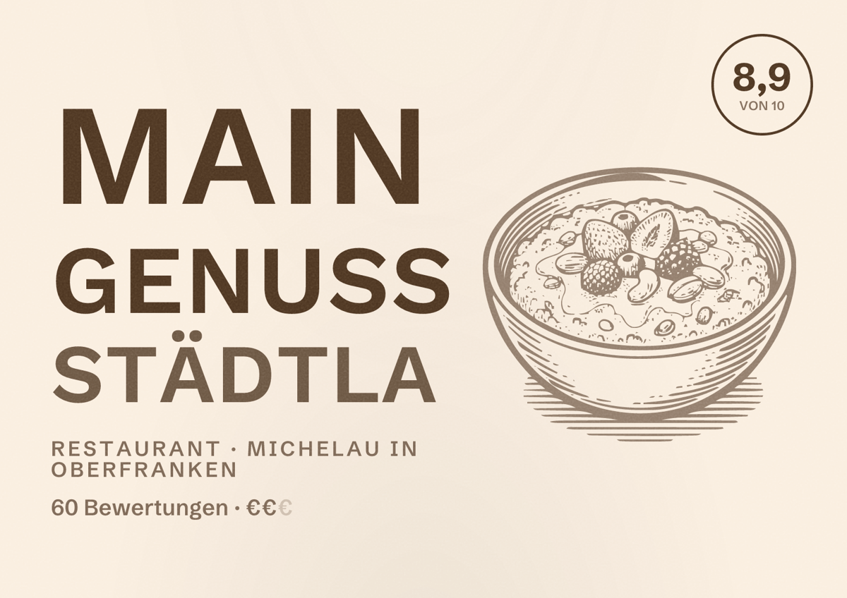 Illustriertes Poster von Main Genuss Städtla, Restaurant in Michelau in Oberfranken: Bewertung 8,9 von 10 aus 60 Bewertungen, Preisniveau €€