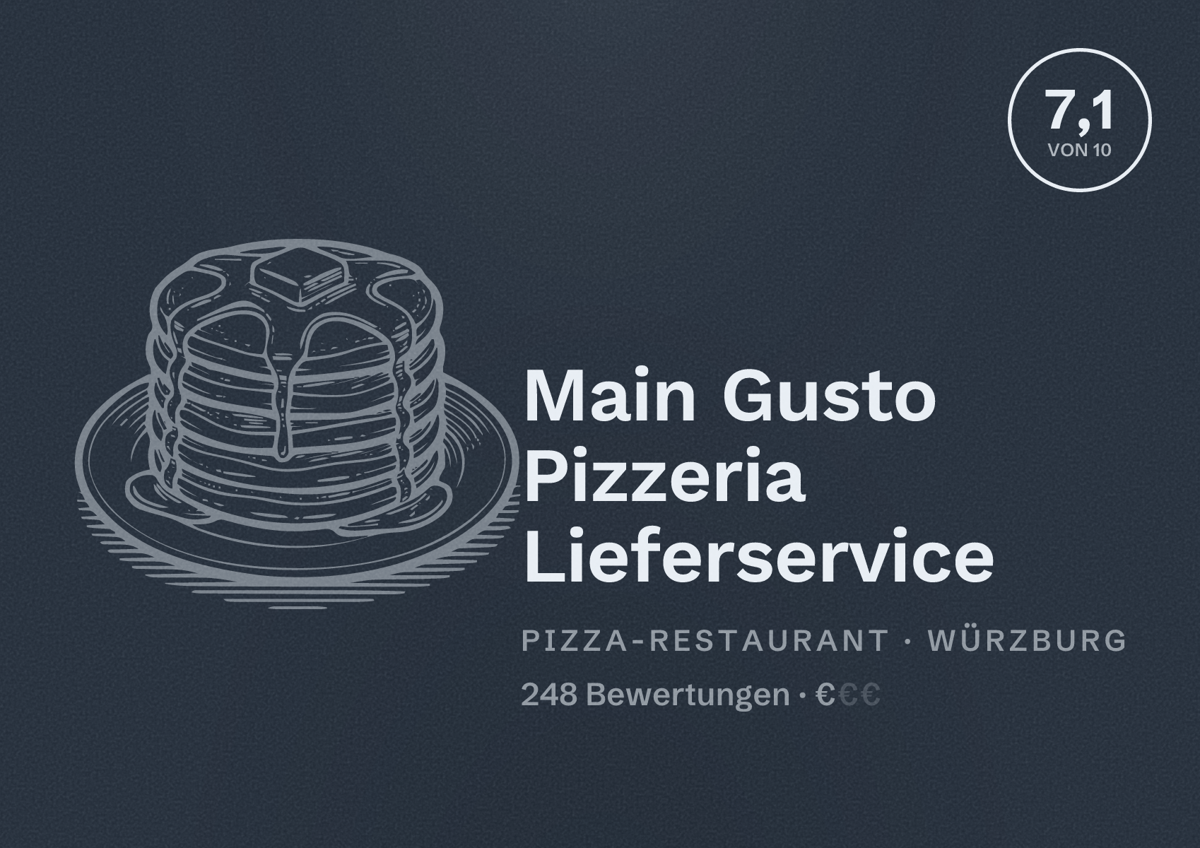 Illustriertes Poster von Main Gusto Pizzeria Lieferservice, Pizza-Restaurant in Würzburg: Bewertung 7,1 von 10 aus 248 Bewertungen, Preisniveau €