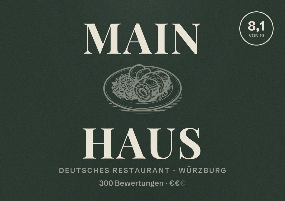 Illustriertes Poster von Main Haus, Deutsches Restaurant in Würzburg: Bewertung 8,1 von 10 aus 300 Bewertungen, Preisniveau €€