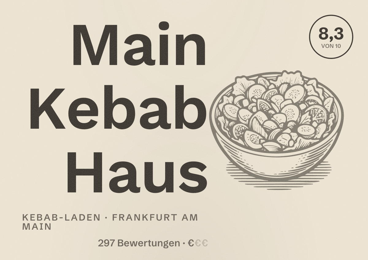 Illustriertes Poster von Main Kebab Haus, Kebab-Laden in Frankfurt am Main: Bewertung 8,3 von 10 aus 297 Bewertungen, Preisniveau €