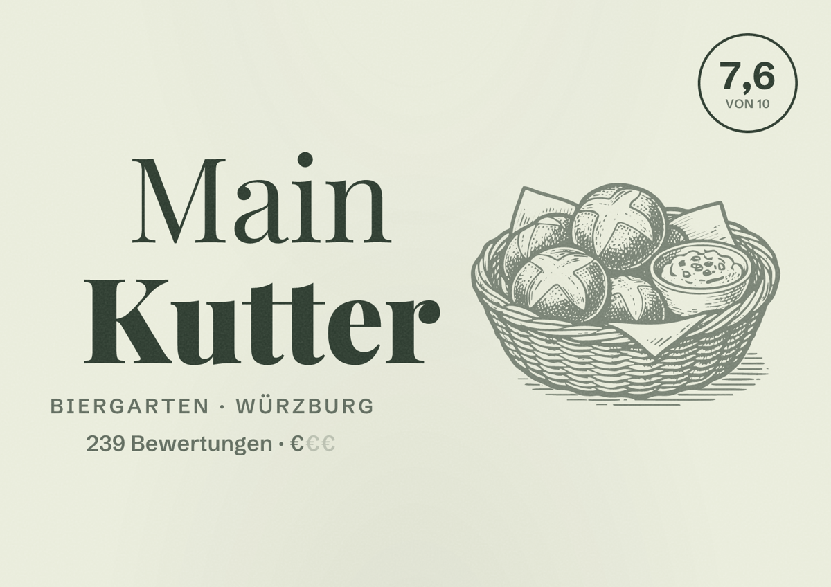 Illustriertes Poster von Main Kutter, Biergarten in Würzburg: Bewertung 7,6 von 10 aus 239 Bewertungen, Preisniveau €