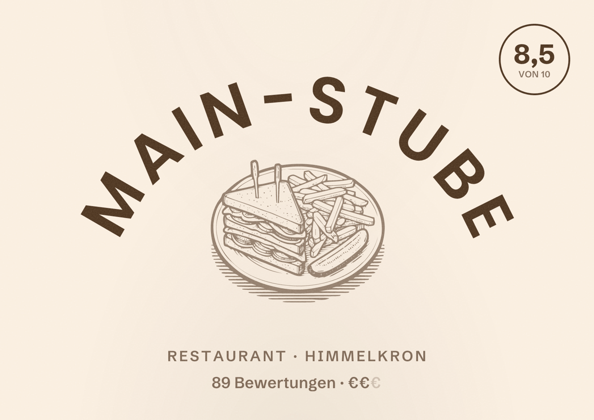 Illustriertes Poster von Main-Stube, Restaurant in Himmelkron: Bewertung 8,5 von 10 aus 89 Bewertungen, Preisniveau €€